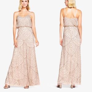 Adrianna Papell Art Deco Beaded Blouson Gown in Taupe Pink